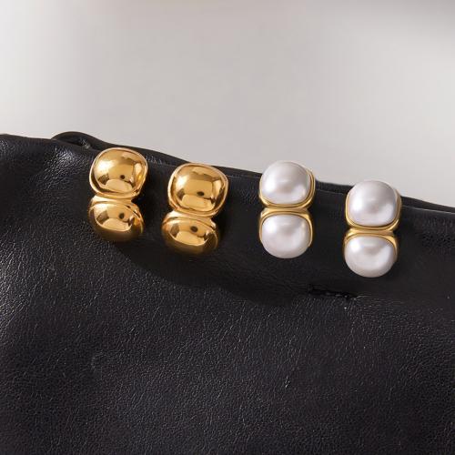 Stainless Steel Stud Earrings, 304 Stainless Steel, with Plastic Pearl, gold color plated, fashion jewelry, more colors for choice, Sold By Pair