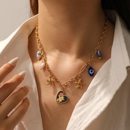 Stainless Steel Jewelry Necklace, 304 Stainless Steel, with Plastic Pearl, gold color plated, fashion jewelry & enamel, more colors for choice, Sold By PC