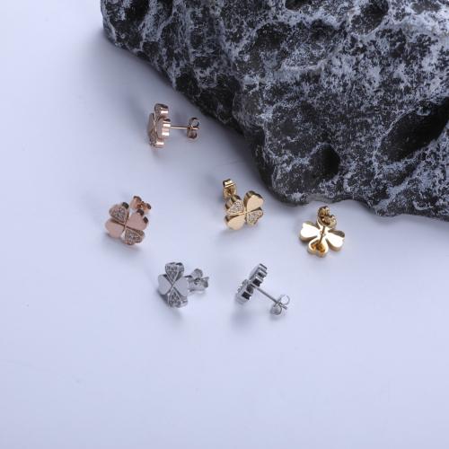 Edelstahl Ohrringe, 304 Edelstahl, vierblättriges Kleeblatt, plattiert, Modeschmuck & mit Strass, keine, verkauft von Paar