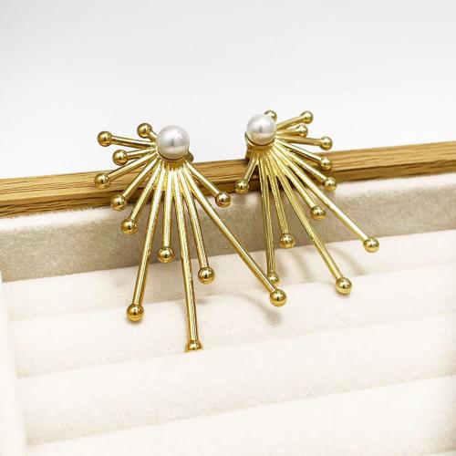 Stainless Steel Stud Earrings, 304 Stainless Steel, with Plastic Pearl, gold color plated, fashion jewelry, golden, Sold By Pair