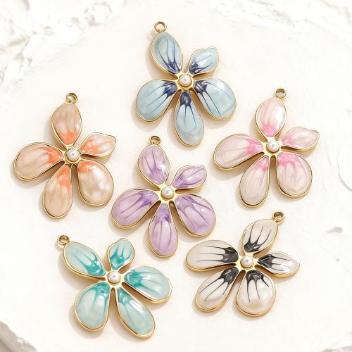 Stainless Steel Flower Pendant, 304 Stainless Steel, with Plastic Pearl, gold color plated, DIY & different styles for choice & enamel, 5PCs/Bag, Sold By Bag