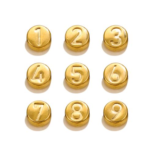 Edelstahl-Beads, 304 Edelstahl, flache Runde, plattiert, DIY & mit einem Muster von Nummer & verschiedene Stile für Wahl, keine, 7mm, Bohrung:ca. 1mm, 10PCs/Tasche, verkauft von Tasche