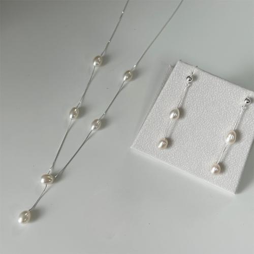 Комплекты украшений с жемчугом, серьги & ожерелье, Серебро 925 пробы, с Пресноводные жемчуги, плакирован серебром, ювелирные изделия моды, Много цветов для выбора, 10x10x10mm, продается PC