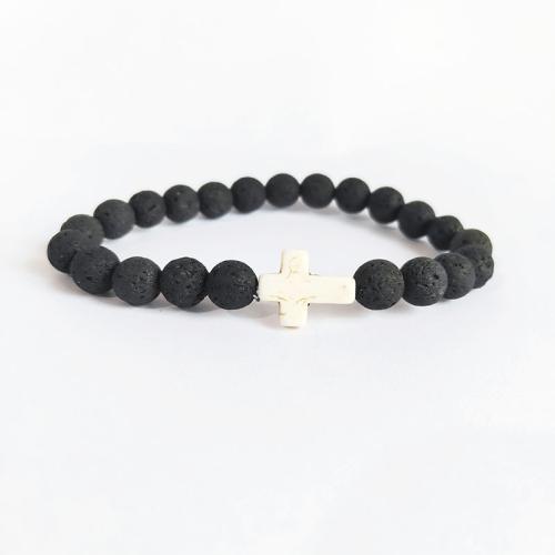 Gemstone Bracelets, Lava, with turquoise, Cross, fashion jewelry, more colors for choice, 8mm, Length:19 cm, Sold By PC