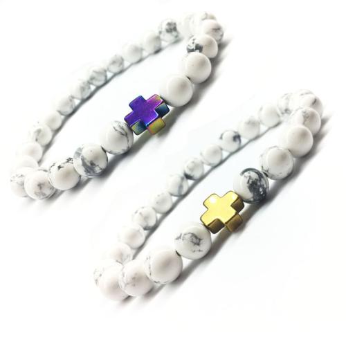Gemstone Bracelets, Magnesite, with Iron, Cross, fashion jewelry, more colors for choice, 8mm, Length:21 cm, Sold By PC