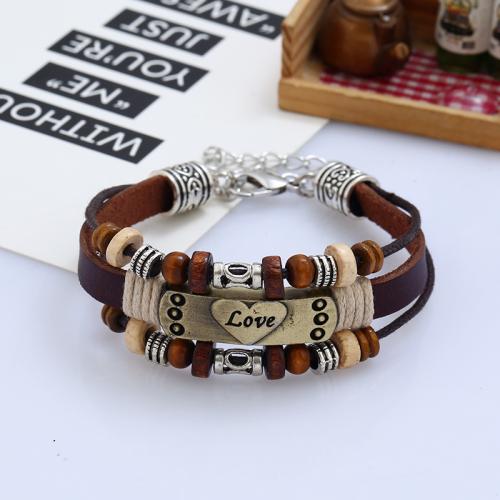 Браслет воловьей кожи, Восковой шнур, с Шнур из натуральной кожи & деревянный, плакирован золотом, ювелирные изделия моды & многослойный, Много цветов для выбора, 210x8mm, длина:21 см, продается PC