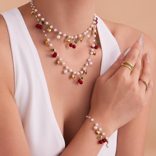 Cubic Zirconia Stainless Steel Jewelry Sets, bracelet & necklace, 304 Stainless Steel, with Resin & Plastic Pearl, gold color plated, fashion jewelry & micro pave cubic zirconia, more colors for choice, Sold By PC