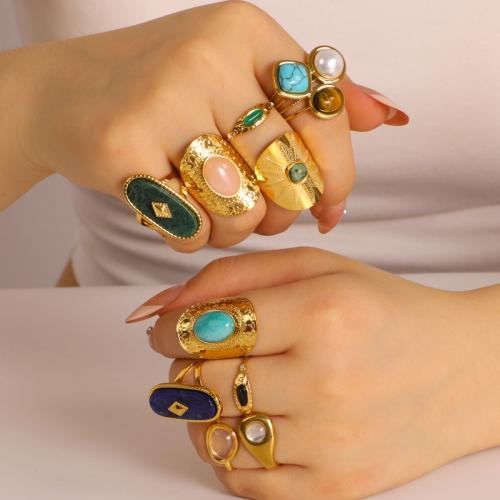 Natural Gemstone Finger Ring, 304 Stainless Steel, with Natural Stone & Plastic Pearl, gold color plated, fashion jewelry, more colors for choice, Sold By PC