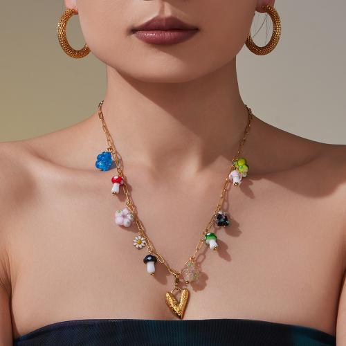 Stainless Steel Jewelry Necklace, 304 Stainless Steel, with Resin & Plastic Pearl, gold color plated, fashion jewelry & enamel, more colors for choice, Sold By PC