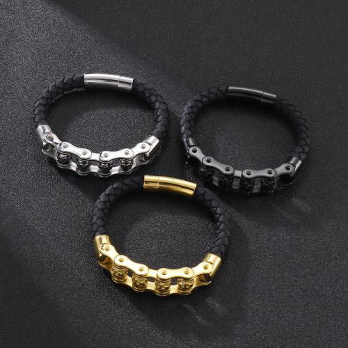 304 Stainless Steel Bracelet, with Cowhide, Skull, plated, fashion jewelry & for man, more colors for choice, 220x8mm, Sold By PC
