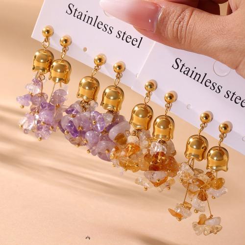Natural Quartz Earrings, 304 Stainless Steel, with Amethyst & Citrine, gold color plated, fashion jewelry, more colors for choice, Sold By Pair