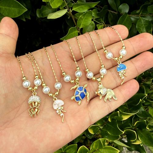 Brass Necklace, with Plastic Pearl, gold color plated, fashion jewelry & micro pave cubic zirconia & enamel, more colors for choice, Sold By PC
