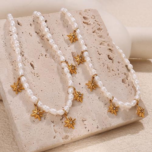 Natural Freshwater Pearl Necklace, 304 Stainless Steel, with White Shell & Freshwater Pearl, fashion jewelry & with rhinestone, more colors for choice, Sold By PC