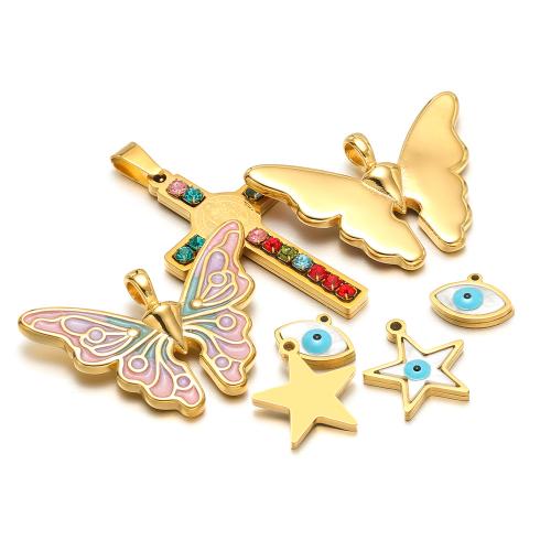 Bijoux pendentifs en acier inoxydable , Acier inoxydable 304, avec coquille blanche, Placage de couleur d'or, DIY & émail & avec strass, plus de couleurs à choisir, 3PC/sac, Vendu par sac