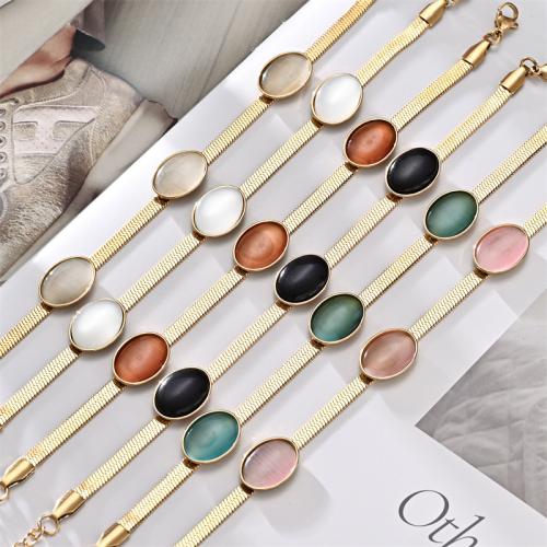 304 Stainless Steel Bracelet, with Cats Eye, with 2inch extender chain, gold color plated, fashion jewelry & for woman, more colors for choice, Length:Approx 7.09 Inch, Sold By PC