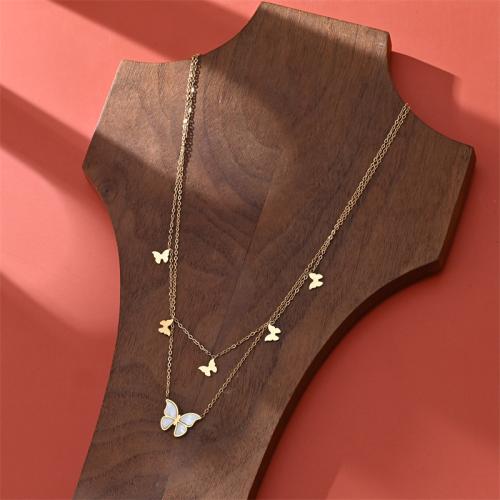 304 Stainless Steel Necklace, with White Shell & Plastic Pearl, Butterfly, gold color plated, Double Layer & Unisex & different styles for choice, Length:Approx 15.7 Inch, Sold By PC
