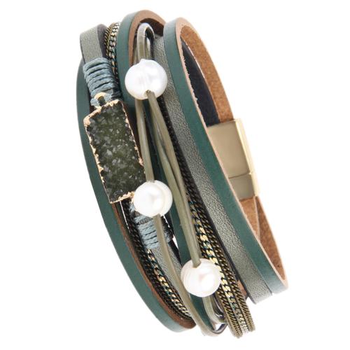 PU Leather Bracelet, with Plastic Pearl & Tibetan Style, multilayer & for woman, more colors for choice, 385x23mm, Sold By PC