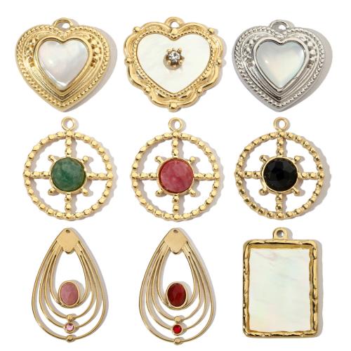 Stainless Steel Pendants, 304 Stainless Steel, with Natural Stone & White Shell, gold color plated, DIY & with rhinestone, more colors for choice, 3PCs/Bag, Sold By Bag