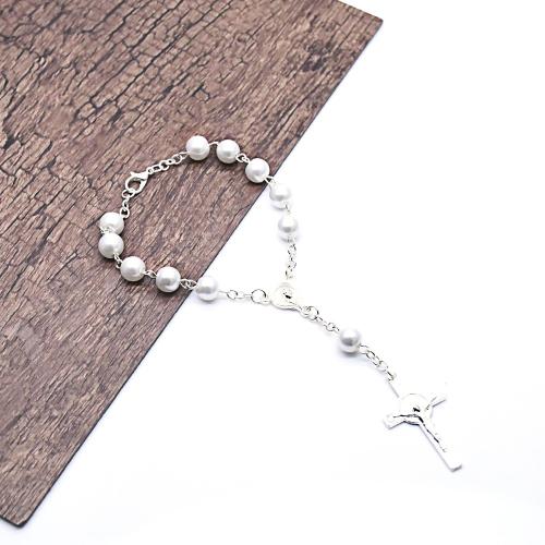 Glass Beads Bracelet, Tibetan Style, with Glass Pearl, Cross, plated, fashion jewelry, white, 8mm, Length:16.5 cm, Sold By PC