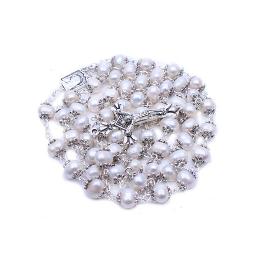 Rosary Necklace, Tibetan Style, with Freshwater Pearl, Cross, plated, fashion jewelry, mixed colors, 42x23mm, Length:45 cm, Sold By PC