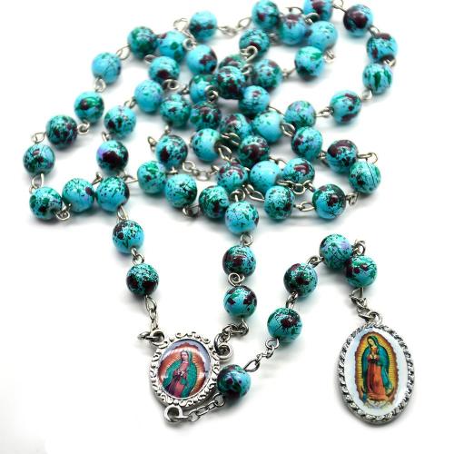Rosary Necklace, Tibetan Style, with Glass, Cross, silver color plated, fashion jewelry, mixed colors, 8mm, Length:56.5 cm, Sold By PC