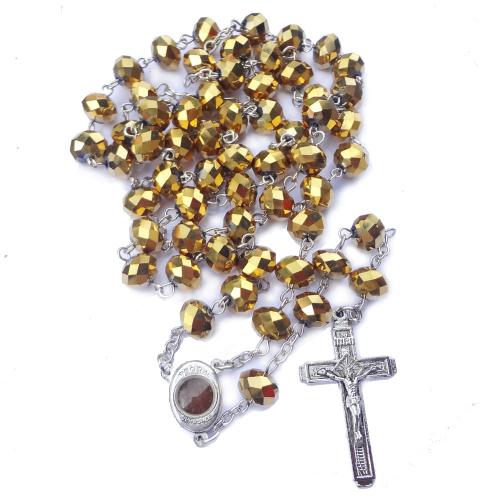 Rosary Necklace, Tibetan Style, with Crystal, Cross, silver color plated, fashion jewelry, mixed colors, 8x10mm, Length:16 Inch, Sold By PC