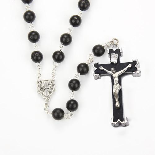 Rosary Necklace, Tibetan Style, with Wood, Cross, plated, fashion jewelry, black, 8mm, Length:72 cm, Sold By PC