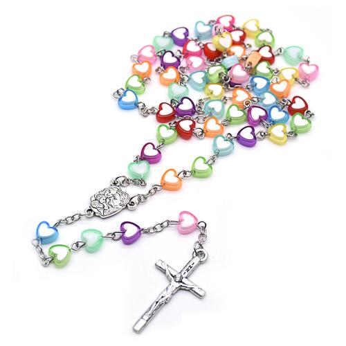 Rosary Necklace, Tibetan Style, with Plastic, Cross, silver color plated, fashion jewelry, mixed colors, 8mm, Length:55 cm, Sold By PC