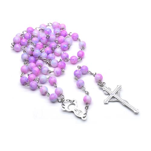 Rosary Necklace, Tibetan Style, with Glass, Cross, silver color plated, fashion jewelry, mixed colors, 6mm, Length:72 cm, Sold By PC