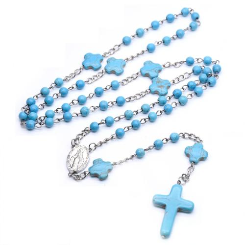 Rosary Necklace, Tibetan Style, with turquoise, Cross, silver color plated, fashion jewelry, mixed colors, 6mm, Length:54.5 cm, Sold By PC