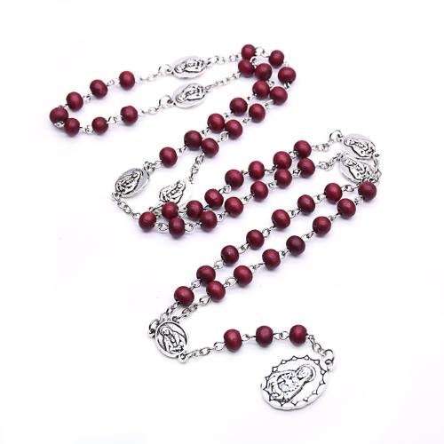 Rosary Necklace, Tibetan Style, with Wood, Cross, silver color plated, fashion jewelry, mixed colors, 3mm, Sold By PC