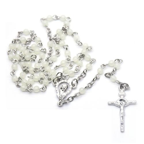 Rosary Necklace, Tibetan Style, with Plastic, Cross, silver color plated, fashion jewelry, white, 3mm, Sold By PC