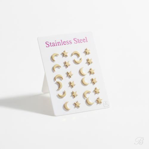 Stainless Steel Stud Earrings, Moon and Star, plated, golden, 5x5x12.5mm, 5x9x13mm, 12Pairs/Lot, Sold By Lot