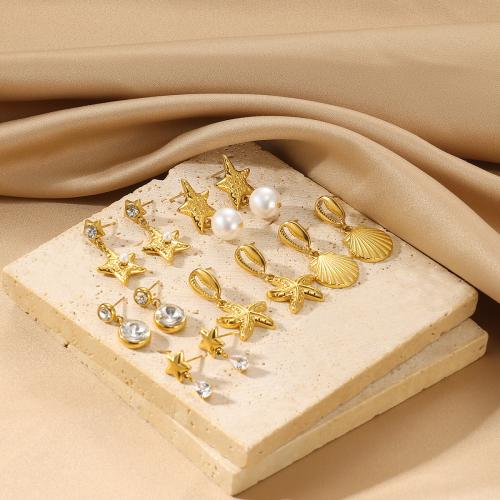 304 Stainless Steel Drop Earring, with Plastic Pearl, gold color plated, different styles for choice & for woman & with rhinestone, Sold By Pair