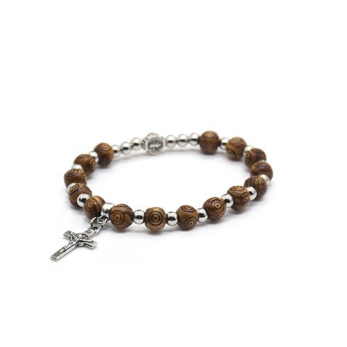 Wood Bracelets, Tibetan Style, with Wood, Cross, silver color plated, fashion jewelry, mixed colors, 8mm, Sold By PC