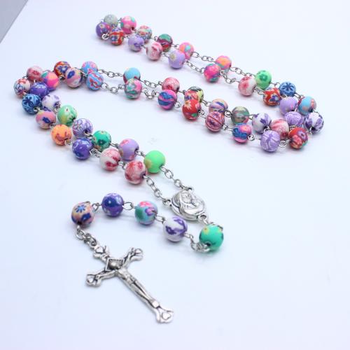 Collier de chapelet, alliage de zinc, avec argile de polymère, croix, Placage de couleur argentée, bijoux de mode, multicolore, 8mm, Longueur:54 cm, Vendu par PC