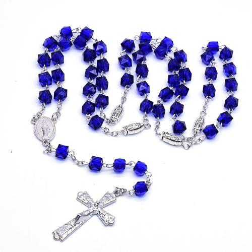 Rosary Necklace, Tibetan Style, with Plastic, Cross, silver color plated, fashion jewelry, mixed colors, 8mm, Length:57 cm, Sold By PC