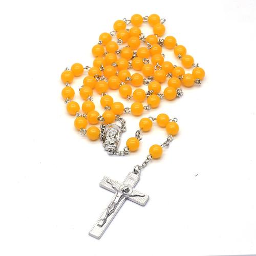 Rosary Necklace, Tibetan Style, with Resin, Cross, silver color plated, fashion jewelry & imitation beeswax, mixed colors, 8mm, Length:57 cm, Sold By PC