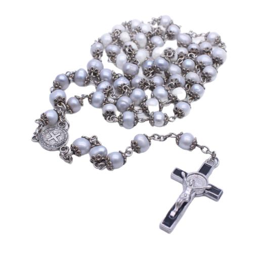 Collar de Rosario, aleación de zinc, con Perlas cultivadas de agua dulce, Cruces, chapado en color de plata, Joyería, Blanco, 8mm, longitud:61 cm, Vendido por UD