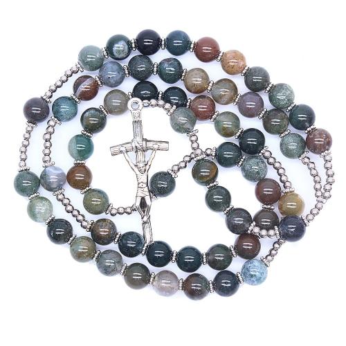 Rosary Necklace, Tibetan Style, with Indian Agate, Cross, silver color plated, fashion jewelry, mixed colors, 8mm, Length:66 cm, Sold By PC