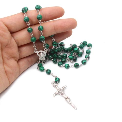 Rosary Necklace, Tibetan Style, with Malachite, Cross, silver color plated, fashion jewelry, mixed colors, 6mm, Length:52 cm, Sold By PC
