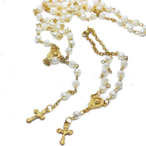Rosary Necklace, Tibetan Style, with Plastic, Cross, gold color plated, fashion jewelry, mixed colors, 6mm, Length:48 cm, Sold By PC