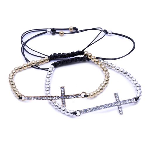 Tibetan Style Bracelet, with Wax Cord, Cross, plated, fashion jewelry & with rhinestone, more colors for choice, 4mm, Length:21 cm, Sold By PC