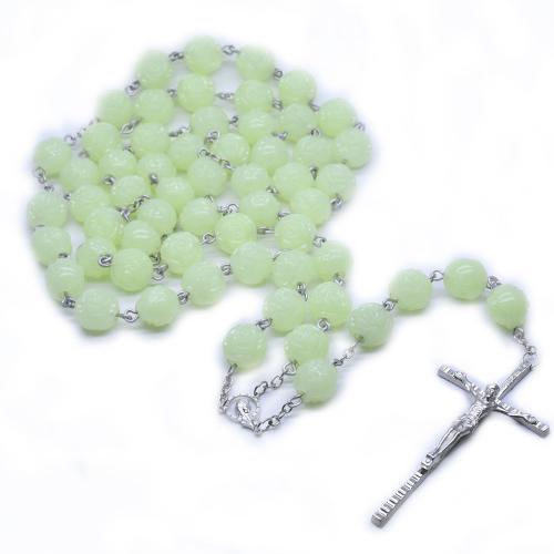 Rosary Necklace, Tibetan Style, with Plastic, Cross, silver color plated, fashion jewelry & luminated, mixed colors, 20mm, Length:122 cm, Sold By PC