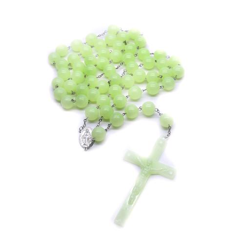 Rosary Necklace, Plastic, with Tibetan Style, Cross, fashion jewelry & luminated, light green, 16mm, Length:63 cm, Sold By PC