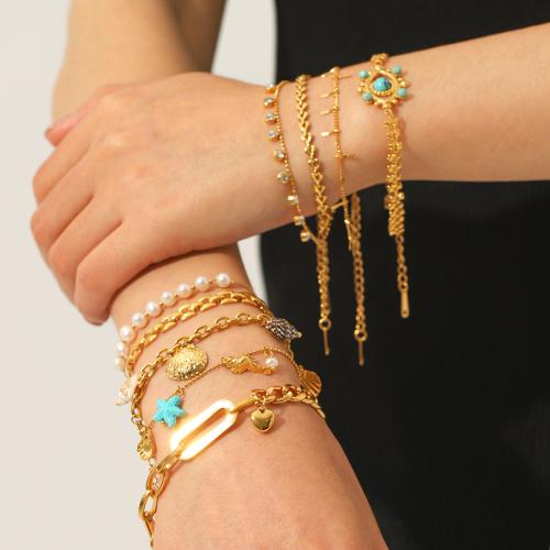 Stainless Steel Jewelry Bracelet, 304 Stainless Steel, with Natural Stone & Plastic Pearl, gold color plated, fashion jewelry & micro pave cubic zirconia, more colors for choice, Sold By PC