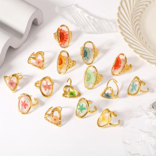 Stainless Steel Finger Ring, 304 Stainless Steel, with Epoxy Sticker & Dried Flower, gold color plated, fashion jewelry, more colors for choice, Sold By PC
