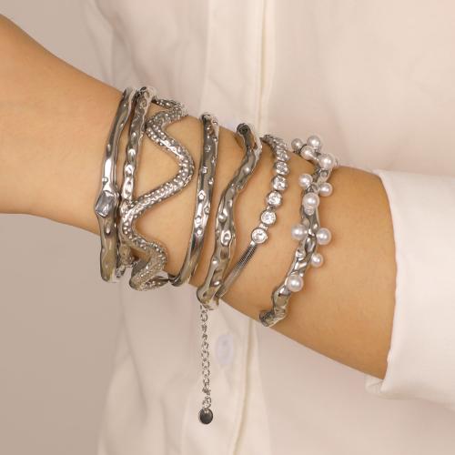 304 Stainless Steel Cuff Bangle, with Plastic Pearl, gold color plated, fashion jewelry & with rhinestone, more colors for choice, Sold By PC