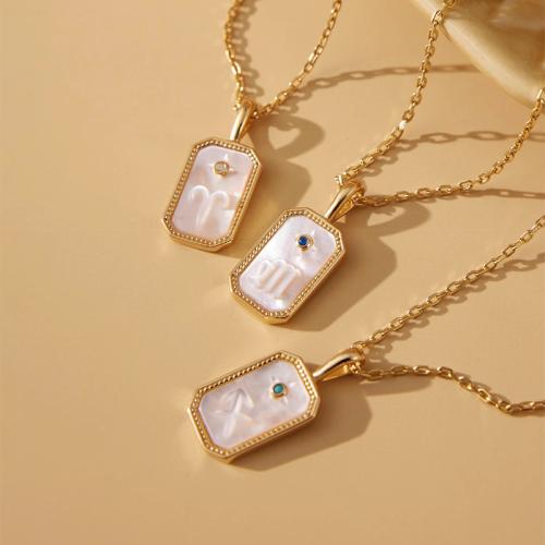 Shell Necklaces, Brass, with White Shell, with 5cm extender chain, Rectangle, 18K gold plated, embossed & Zodiac symbols jewelry & Unisex & different styles for choice & with cubic zirconia, more colors for choice, nickel, lead & cadmium free, 14x8mm, Sold Per 40 cm Strand