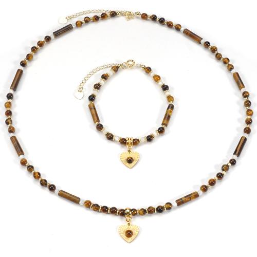Natural Gemstone Jewelry Sets, bracelet & necklace, Brass, with Tiger Eye & Shell, plated, fashion jewelry, more colors for choice, Sold By PC